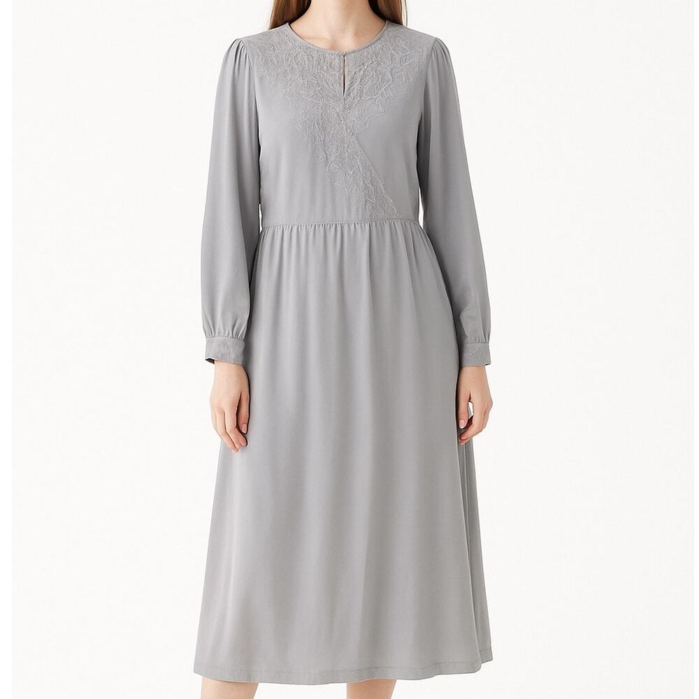 Vintage 80s Purple Silk Long Sleeve Dress Womens Large Retro Modest Cottage Midi